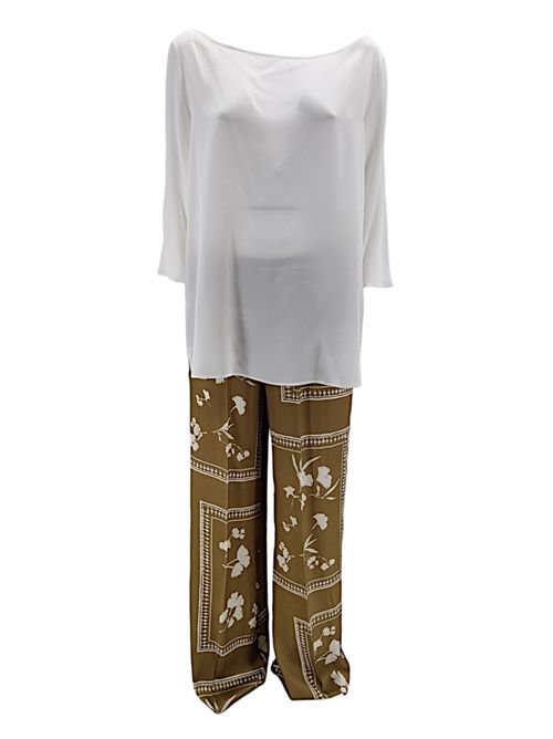 women's wide trousers with camel and ivory flower pattern 1-One | D0071008