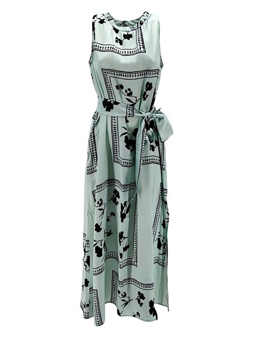 Long women's dress in aqua and black floral patterned jersey 1-One | DD047-109011