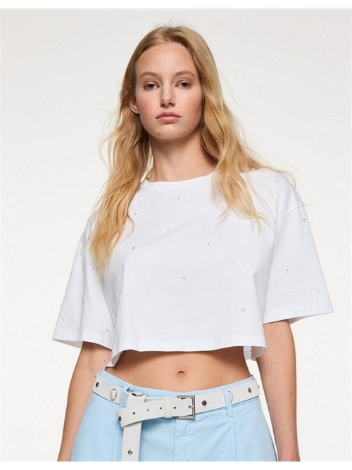 White rhinestone cropped women's t-shirt Dondup | S9898-JF0271D-HI8000