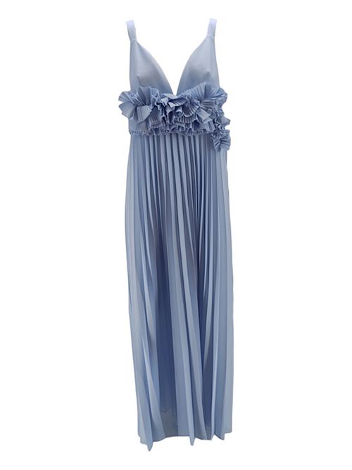 Long light blue pleated women's dress with applied flowers P.A.R.O.S.H. | D725310-PALMER078